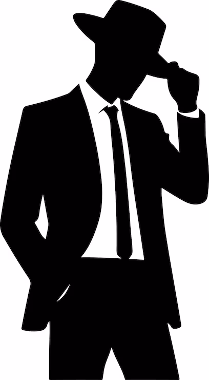 A stylized image of a black and white silhouette of a man in a suit and fedora, tipping his hat.